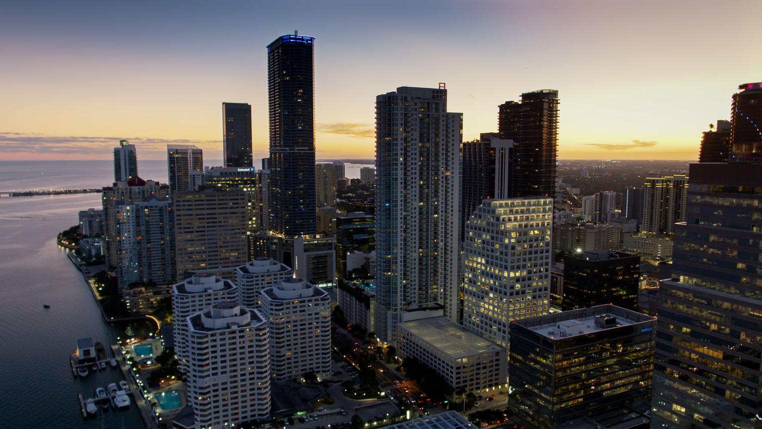 Brickell skyline at dusk over Biscayne Bay