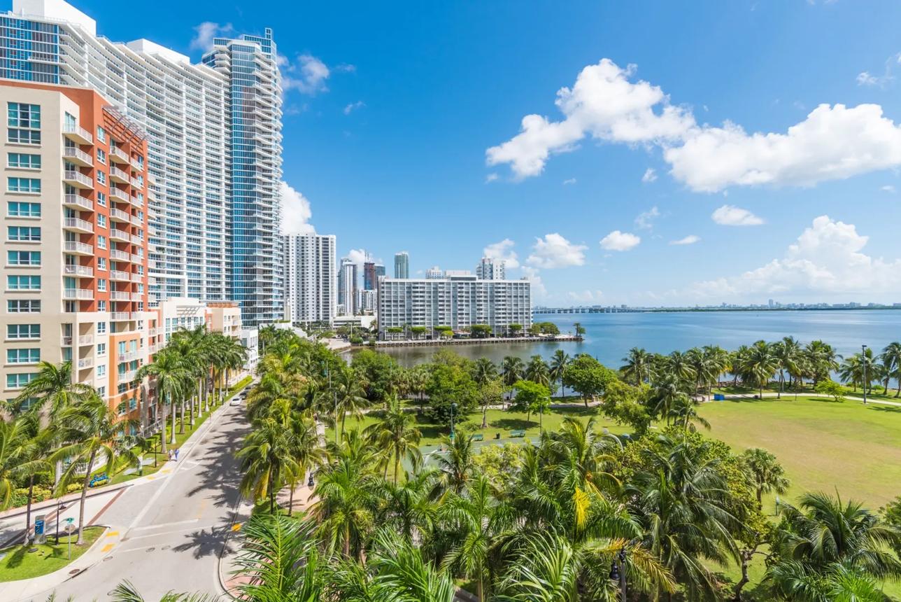 Edgewater bayfront with Margaret Pace Park and palm-lined roads