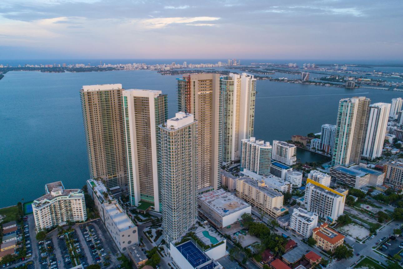 Edgewater bayfront condominium towers at twilight