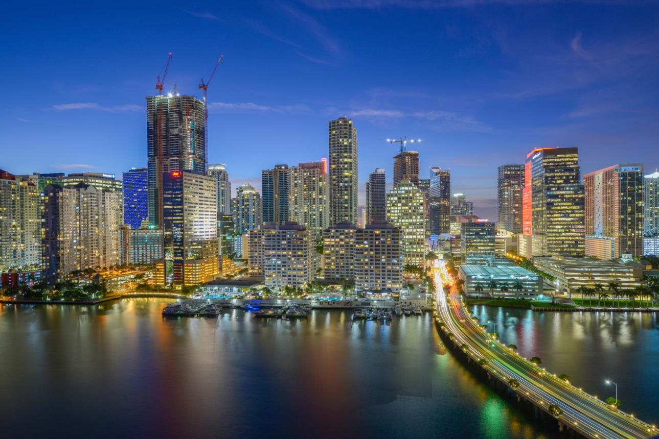 Brickell skyline at dusk over Biscayne Bay